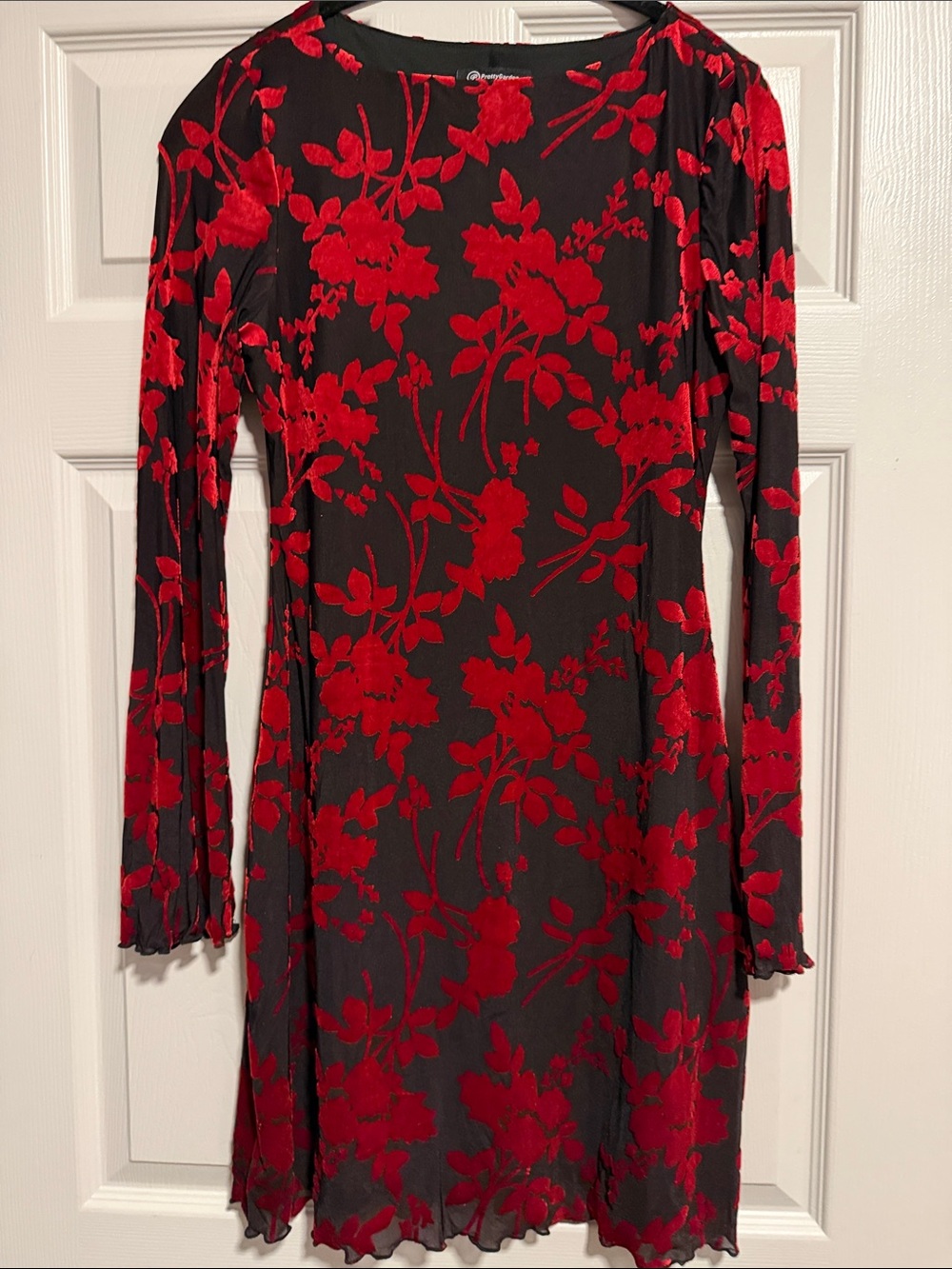 Red Floral Long-Sleeve Black Dress
